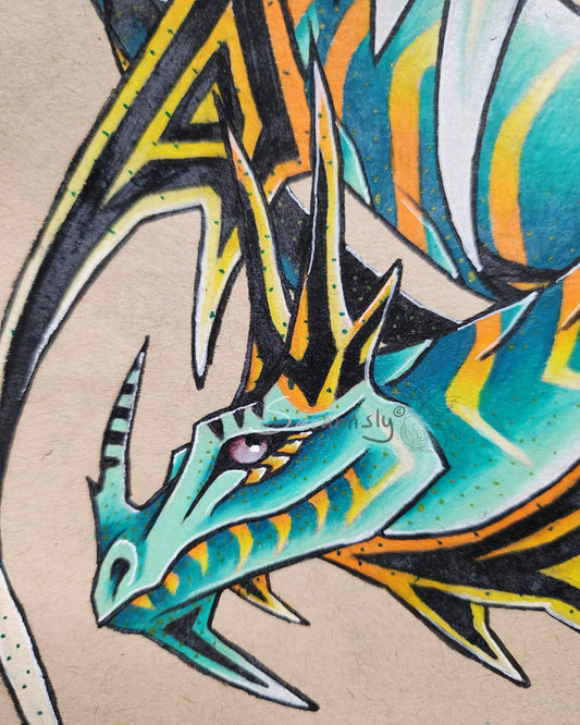 Yellow and green dragon original art