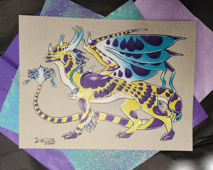 Yellow and purple Dragon original art