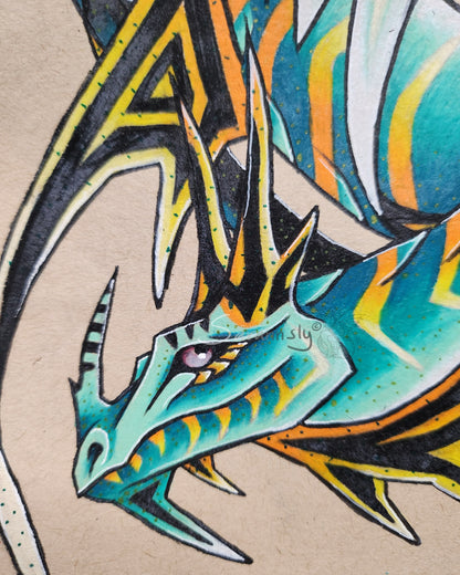 Yellow and green dragon original art