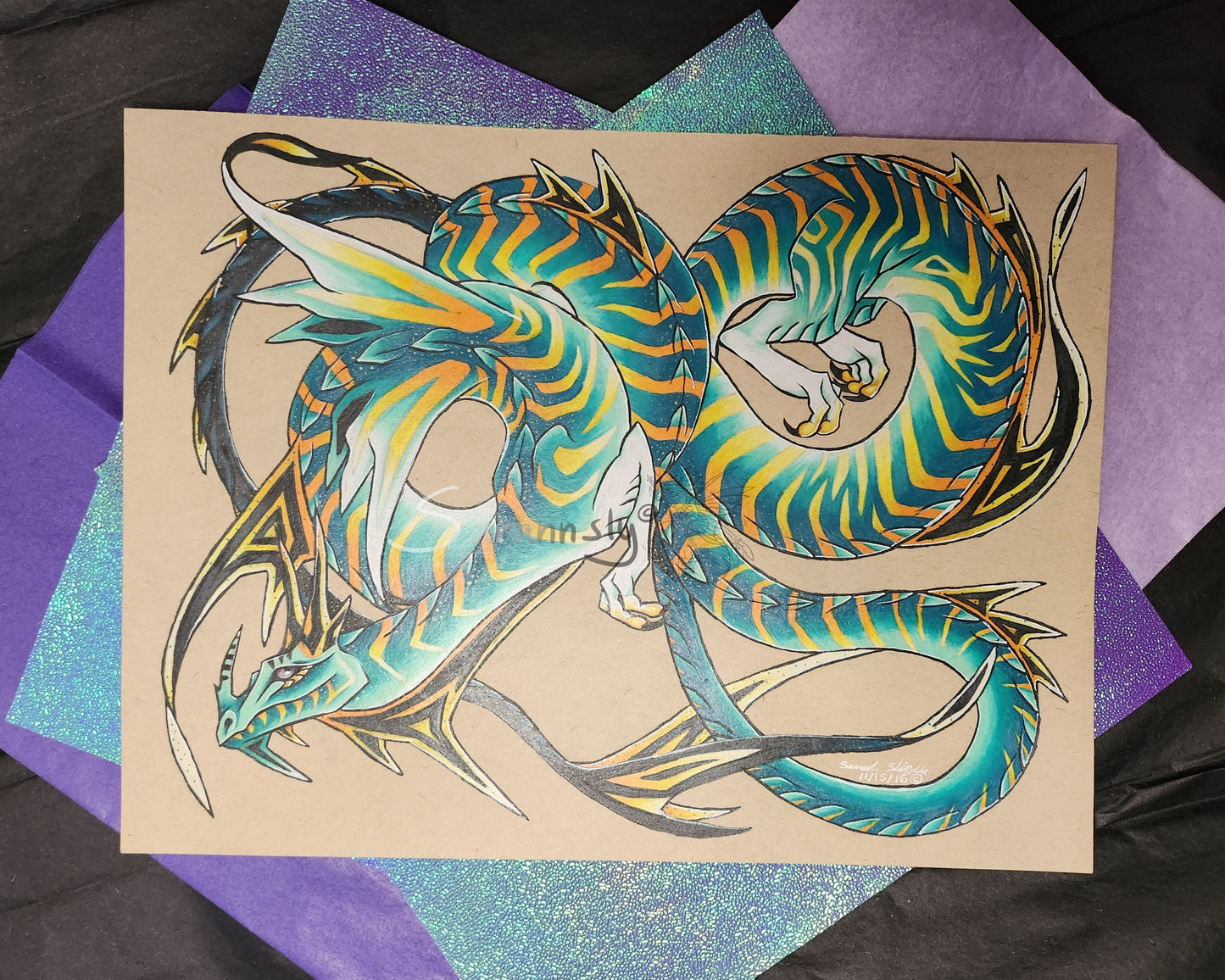 Yellow and green dragon original art