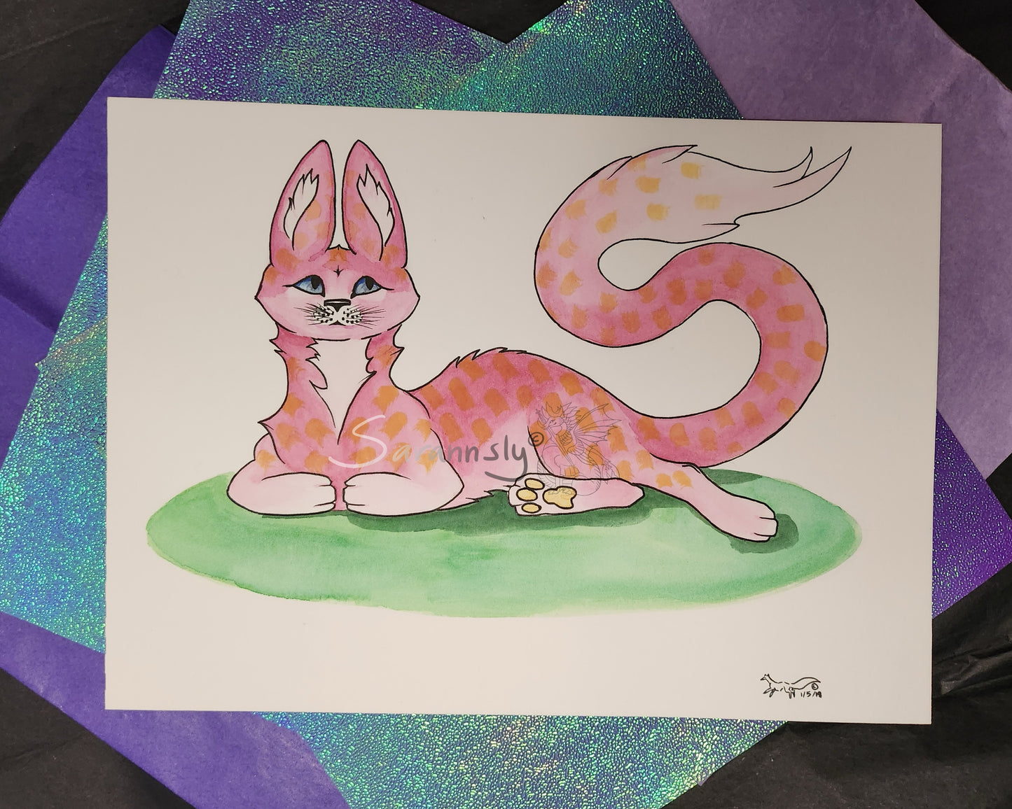 Pink cat original art