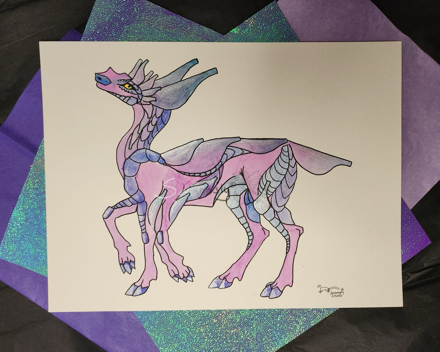 Pink and purple creature original art