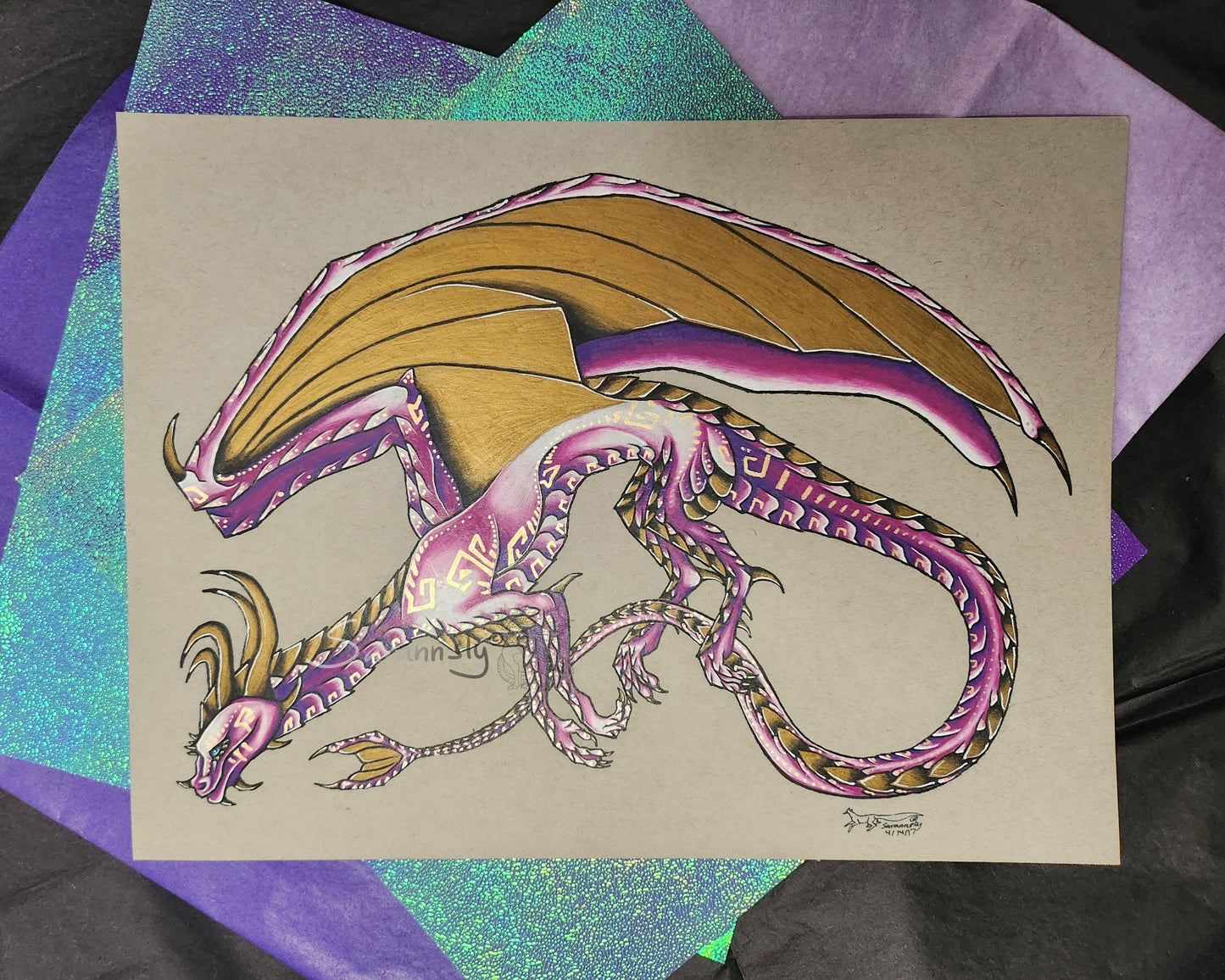 Gold and purple Dragon original art