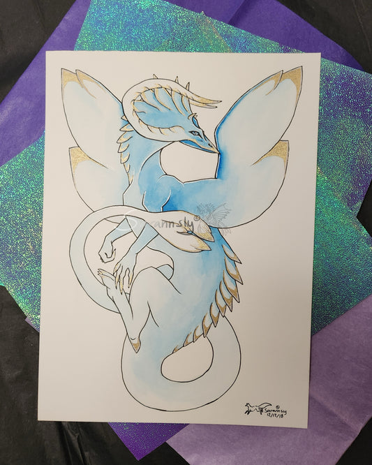 Blue and gold Dragon original art